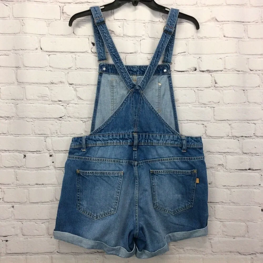 Bershka Denim Bib Shortalls Women's Size L Blue Distressed Cuffed Boho Festival